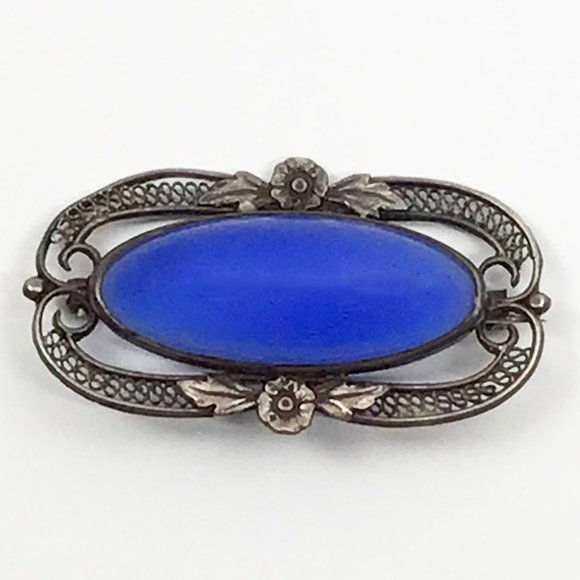 Vintage Jewelry Vintage Art Deco Blue Sterling Silver Pin Brooch